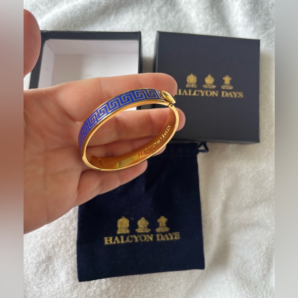 Halcyon Days Blue and Gold Greek Key Enamel Bangle Bracelet